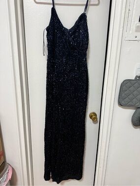 Women’s Navy Sequin Spaghetti-Strap Evening Jumpsuit